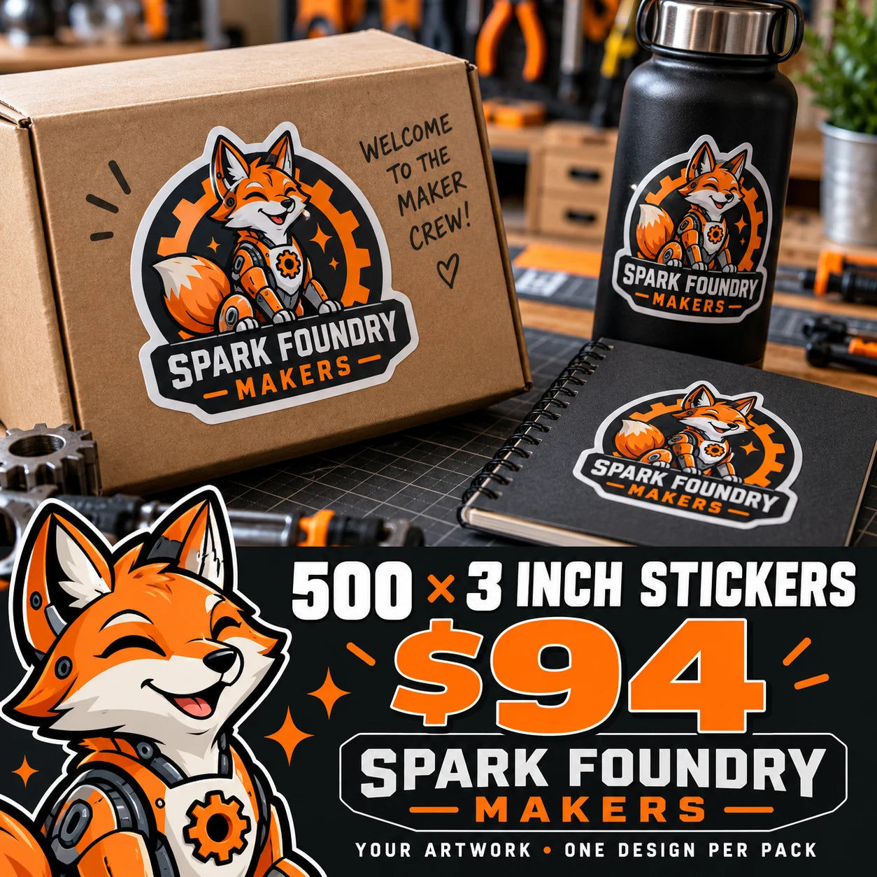 Spark Foundry Makers fictional example: 500 custom 3 inch stickers for $94