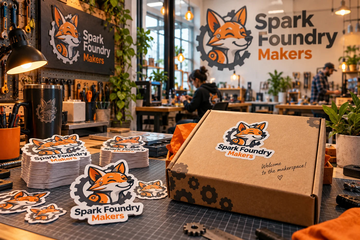 Spark Foundry Makers fictional example storefront with custom lettering and stickers
