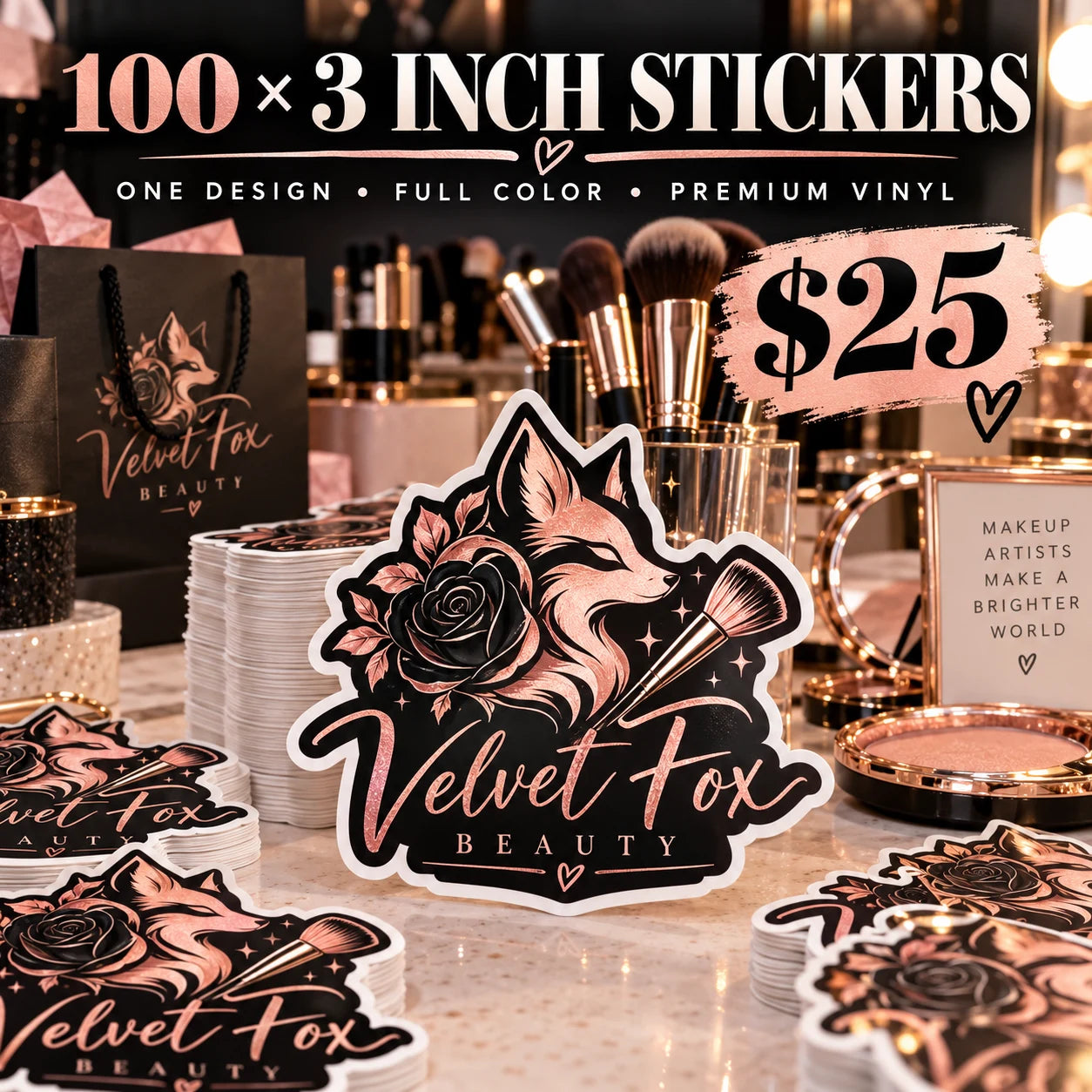Velvet Fox Beauty fictional example: 100 custom 3 inch stickers for $25