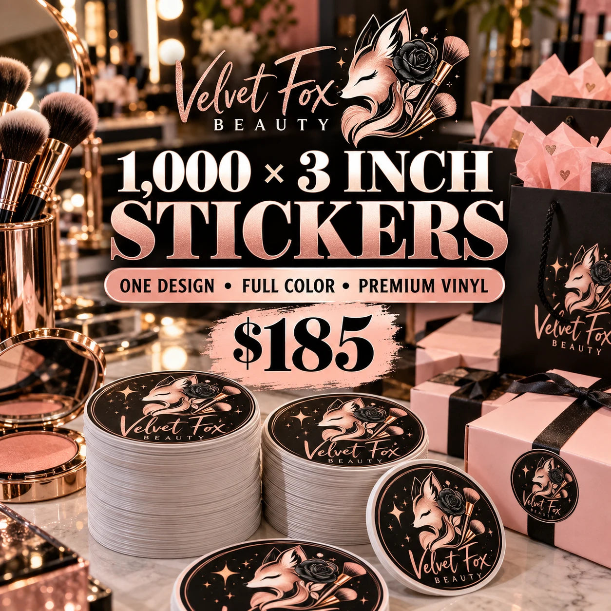 Velvet Fox Beauty fictional example: 1000 custom 3 inch stickers for $185