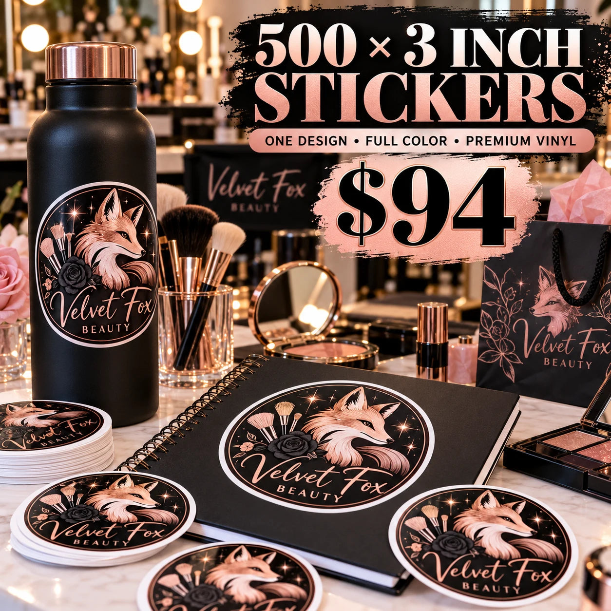 Velvet Fox Beauty fictional example: 500 custom 3 inch stickers for $94