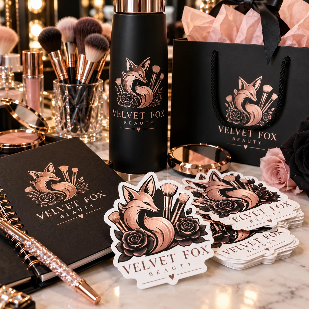 Velvet Fox Beauty fictional example storefront with custom lettering and stickers
