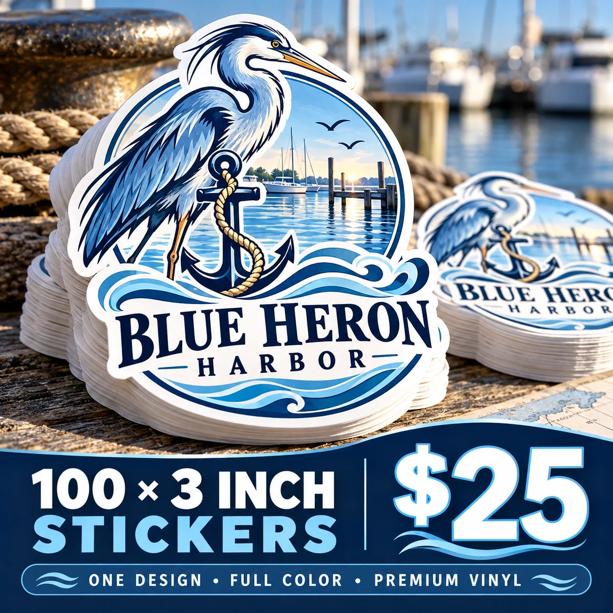 Blue Heron Harbor fictional example: 100 custom 3 inch stickers for $25