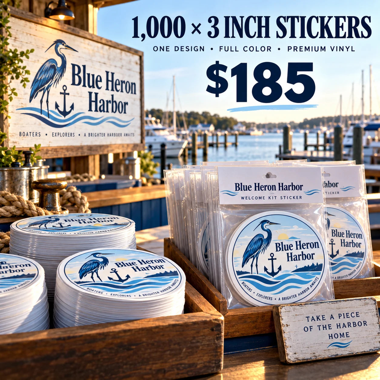 Blue Heron Harbor fictional example: 1000 custom 3 inch stickers for $185