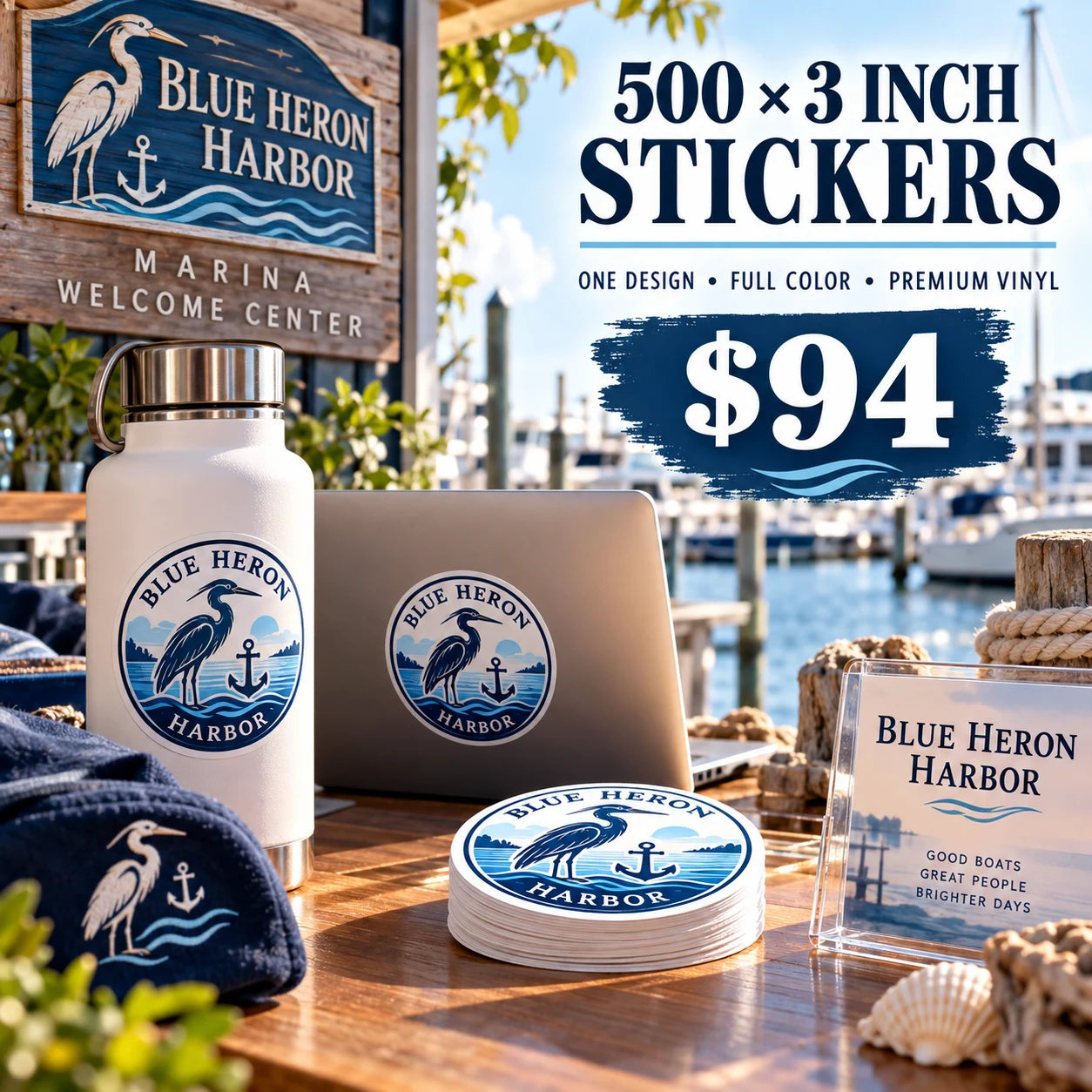 Blue Heron Harbor fictional example: 500 custom 3 inch stickers for $94