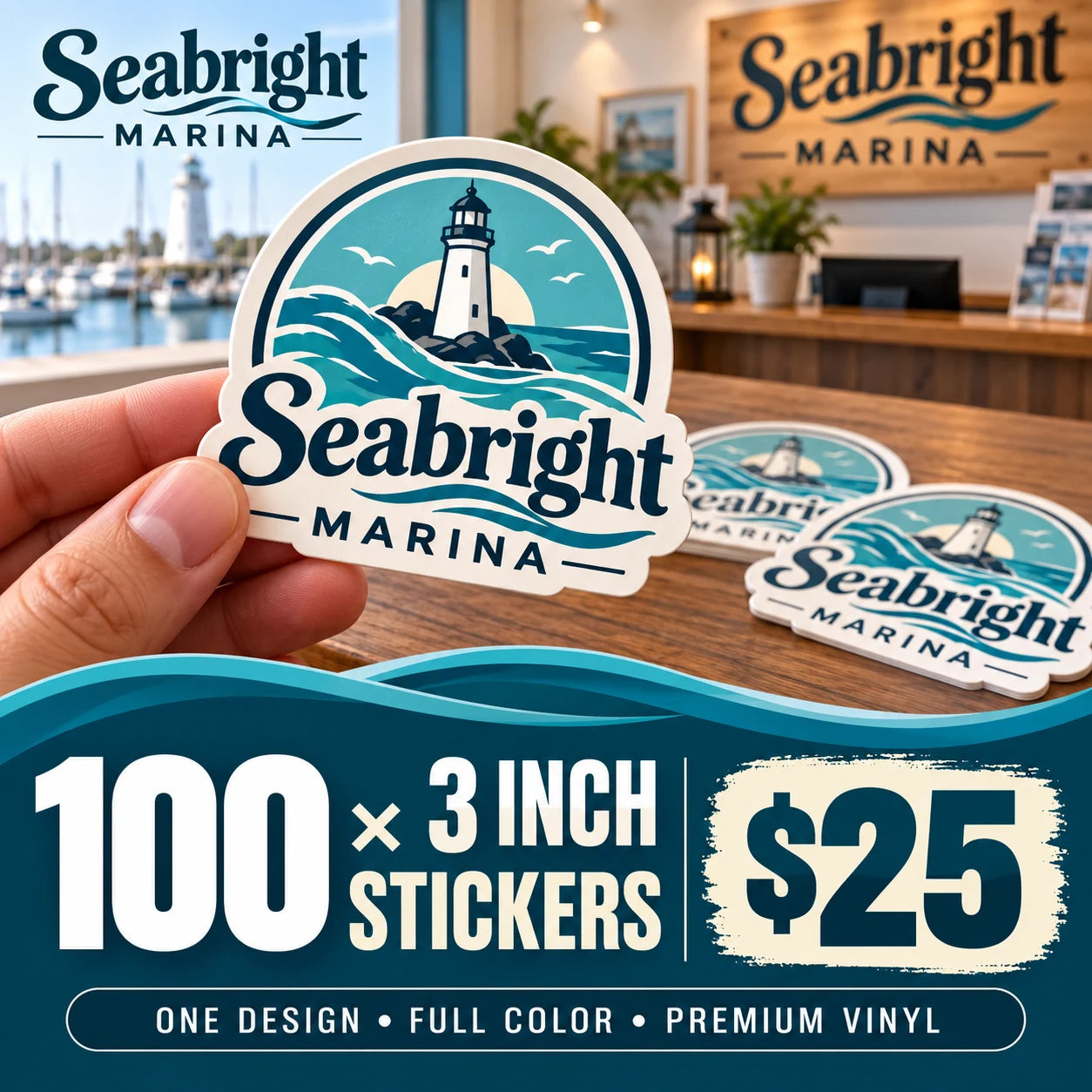 Seabright Marina fictional example: 100 custom 3 inch stickers for $25