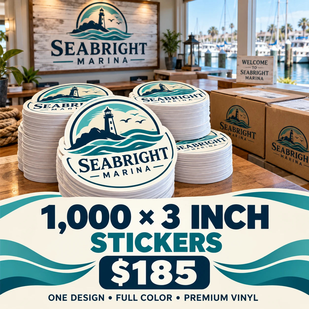 Seabright Marina fictional example: 1000 custom 3 inch stickers for $185