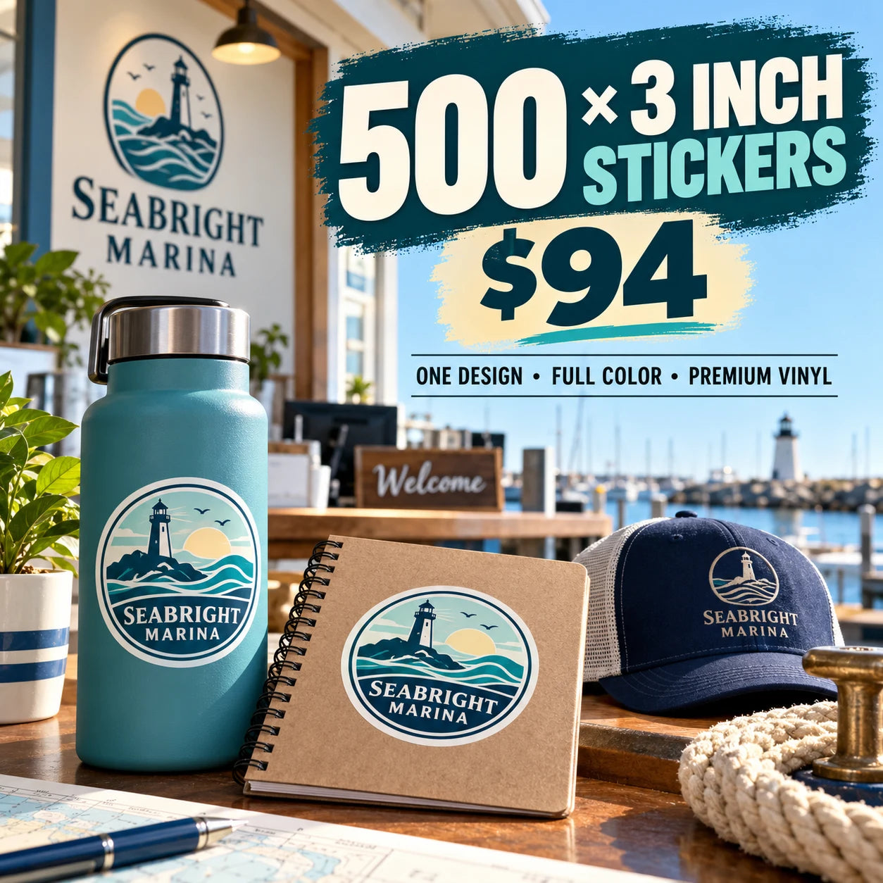 Seabright Marina fictional example: 500 custom 3 inch stickers for $94