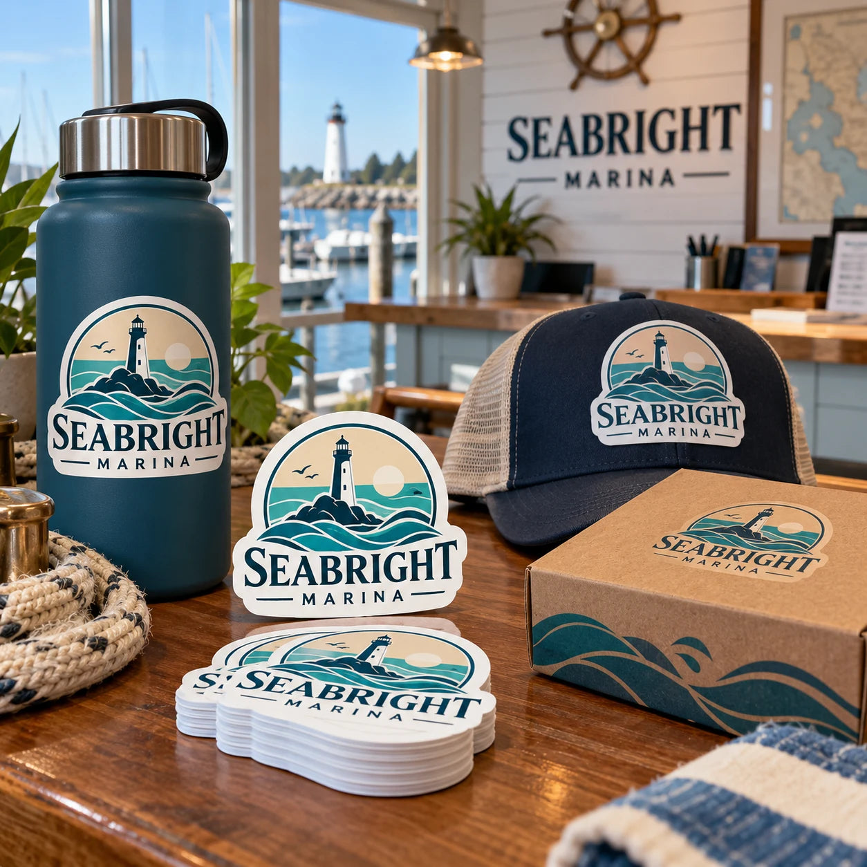Seabright Marina fictional example storefront with custom lettering and stickers