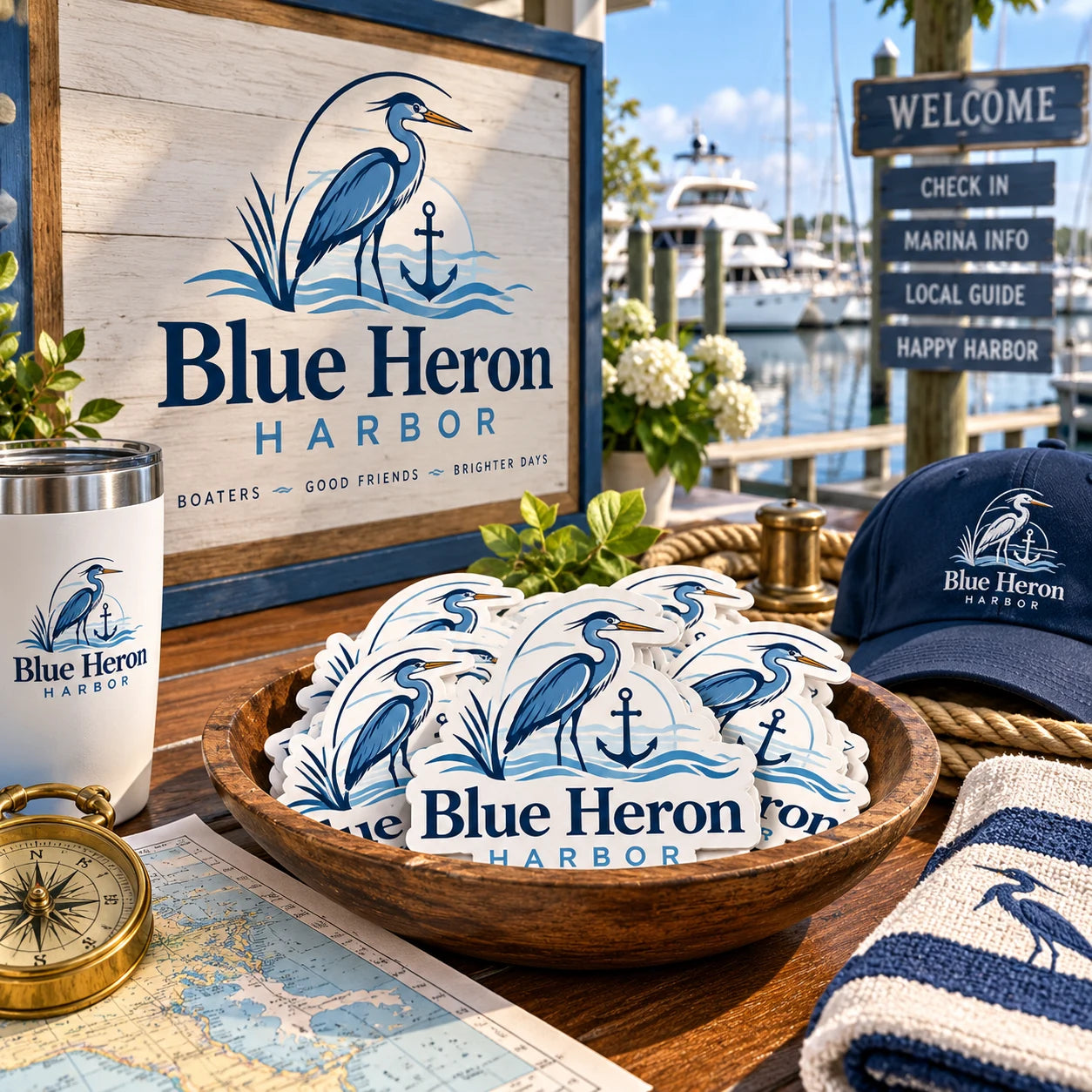 Blue Heron Harbor fictional example storefront with custom lettering and stickers