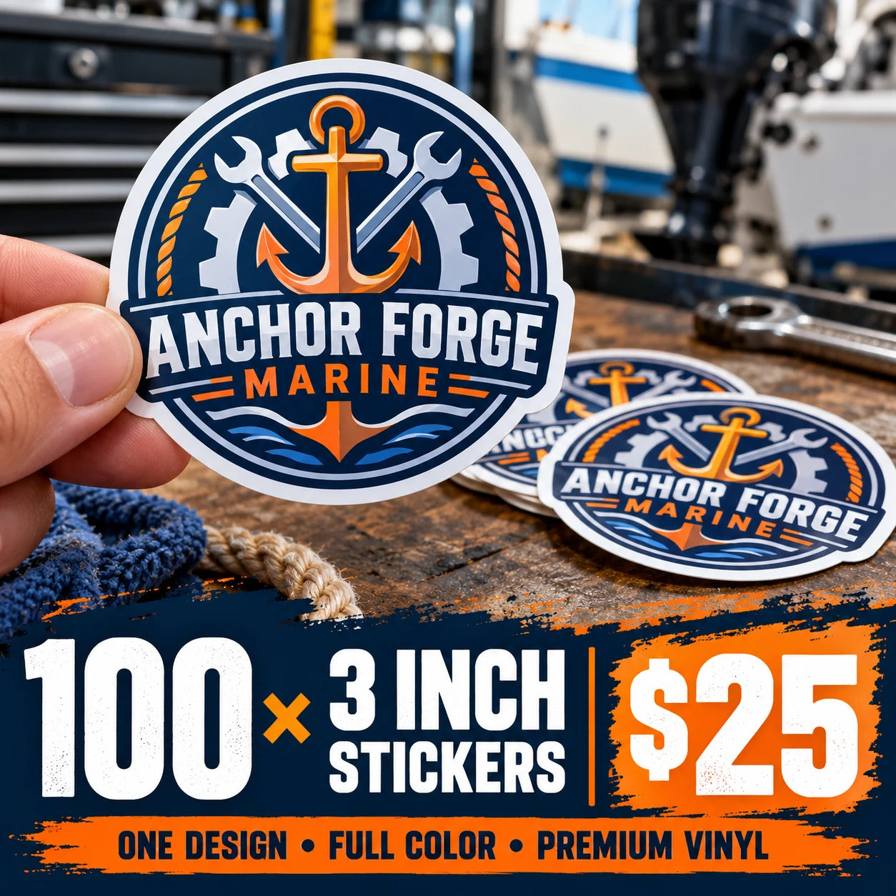 Anchor Forge Marine fictional example: 100 custom 3 inch stickers for $25