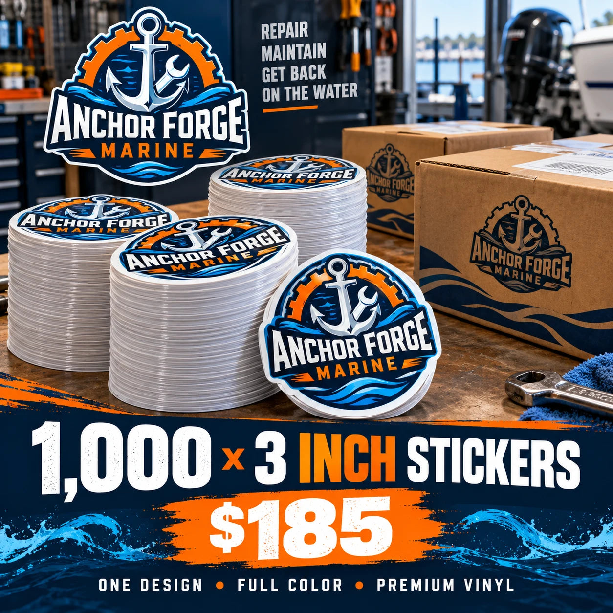 Anchor Forge Marine fictional example: 1000 custom 3 inch stickers for $185