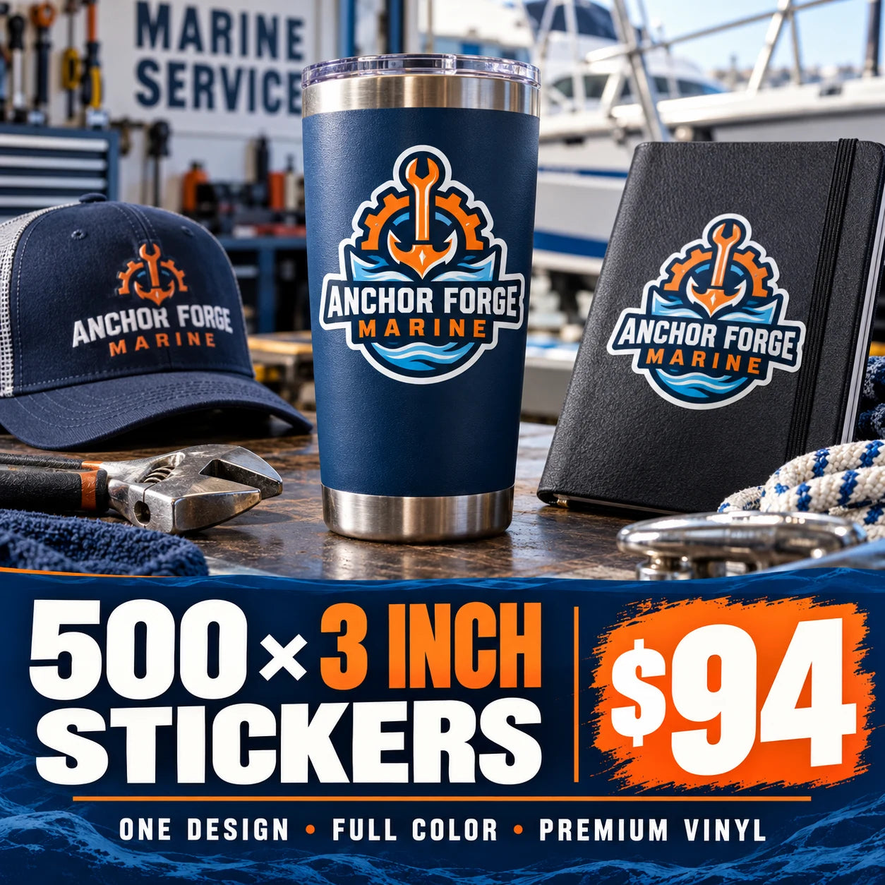 Anchor Forge Marine fictional example: 500 custom 3 inch stickers for $94