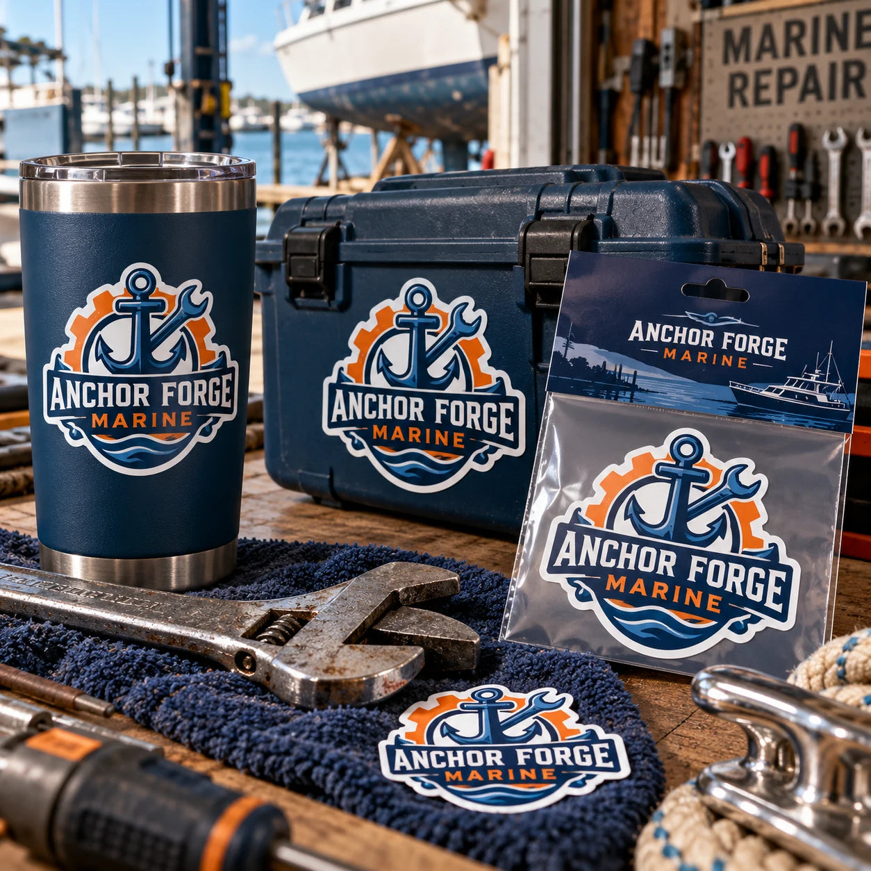 Anchor Forge Marine fictional example storefront with custom lettering and stickers