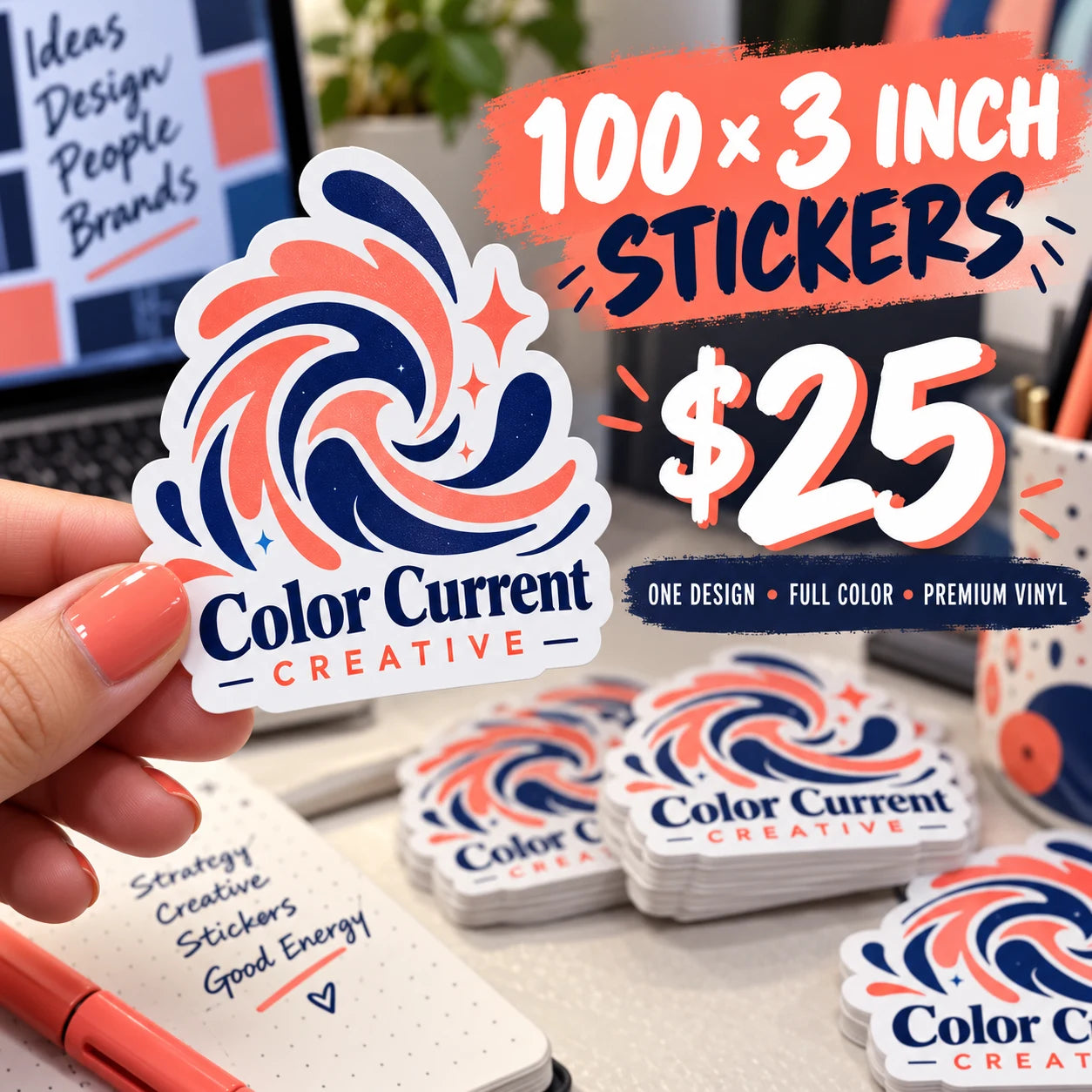 Color Current Creative fictional example: 100 custom 3 inch stickers for $25