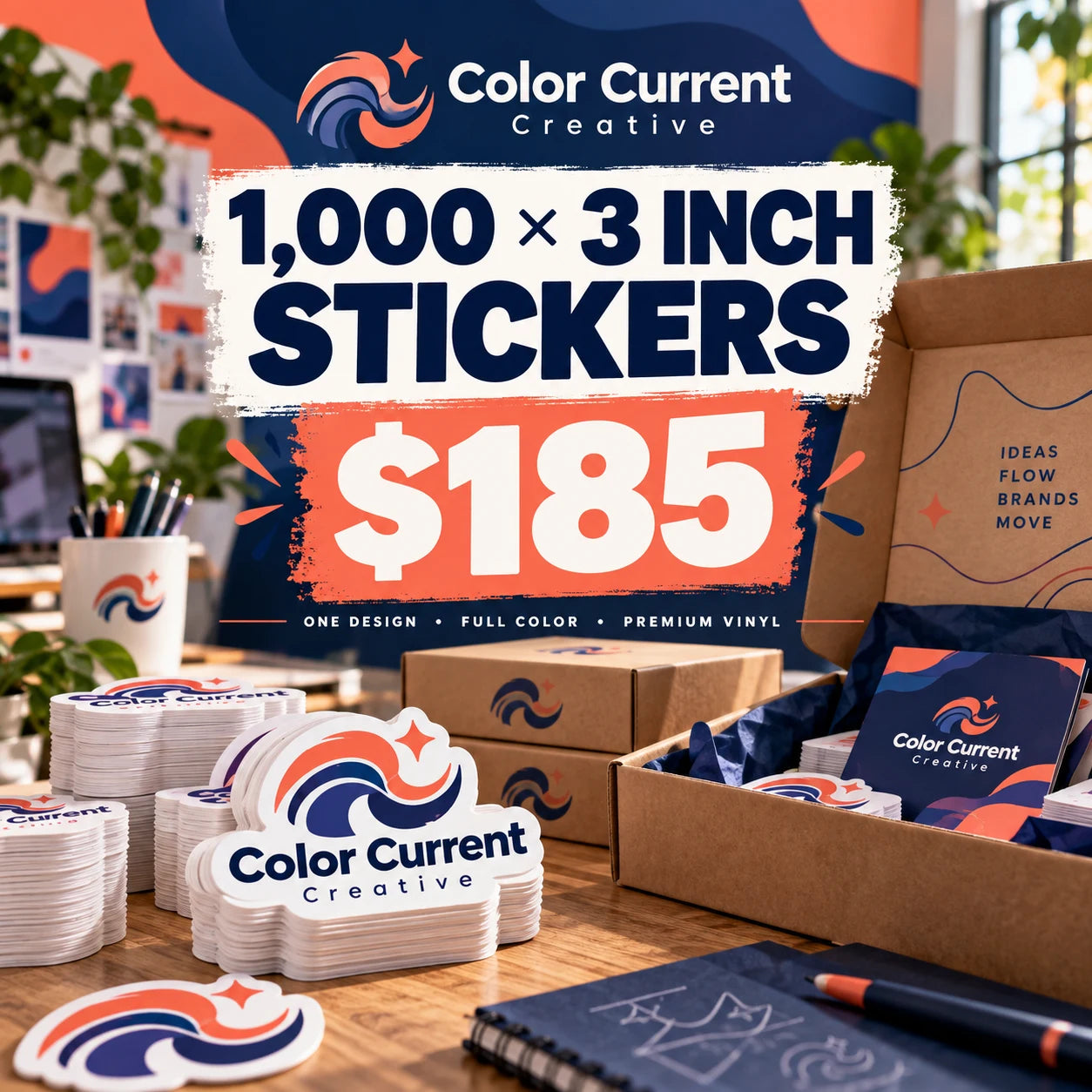 Color Current Creative fictional example: 1000 custom 3 inch stickers for $185