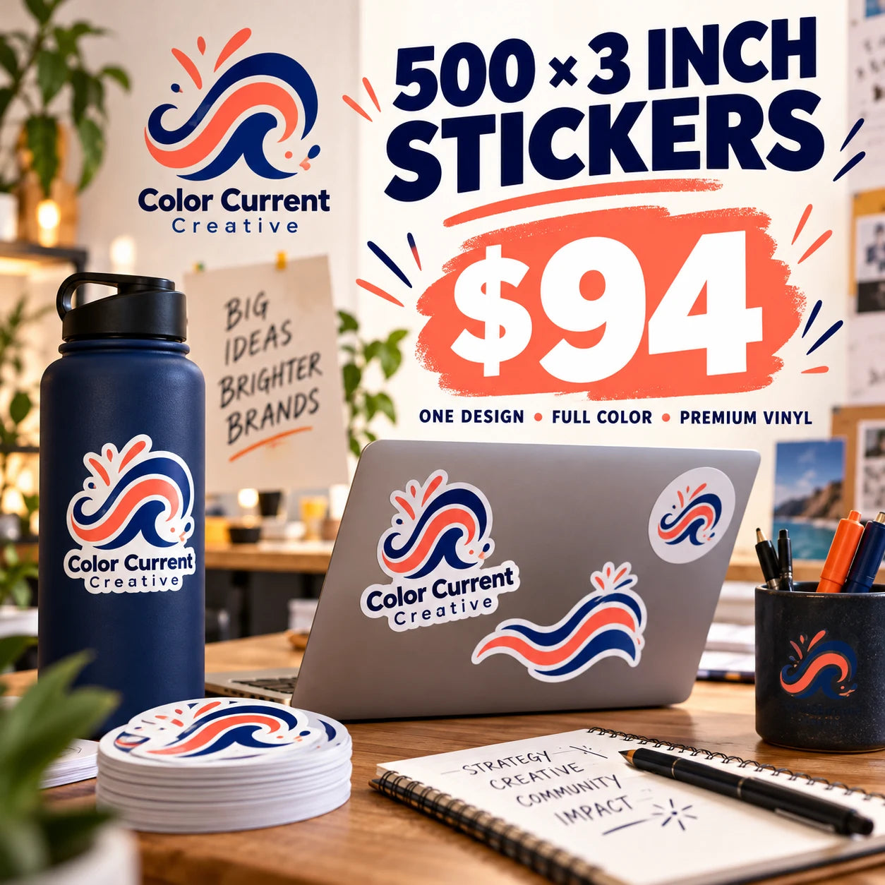Color Current Creative fictional example: 500 custom 3 inch stickers for $94