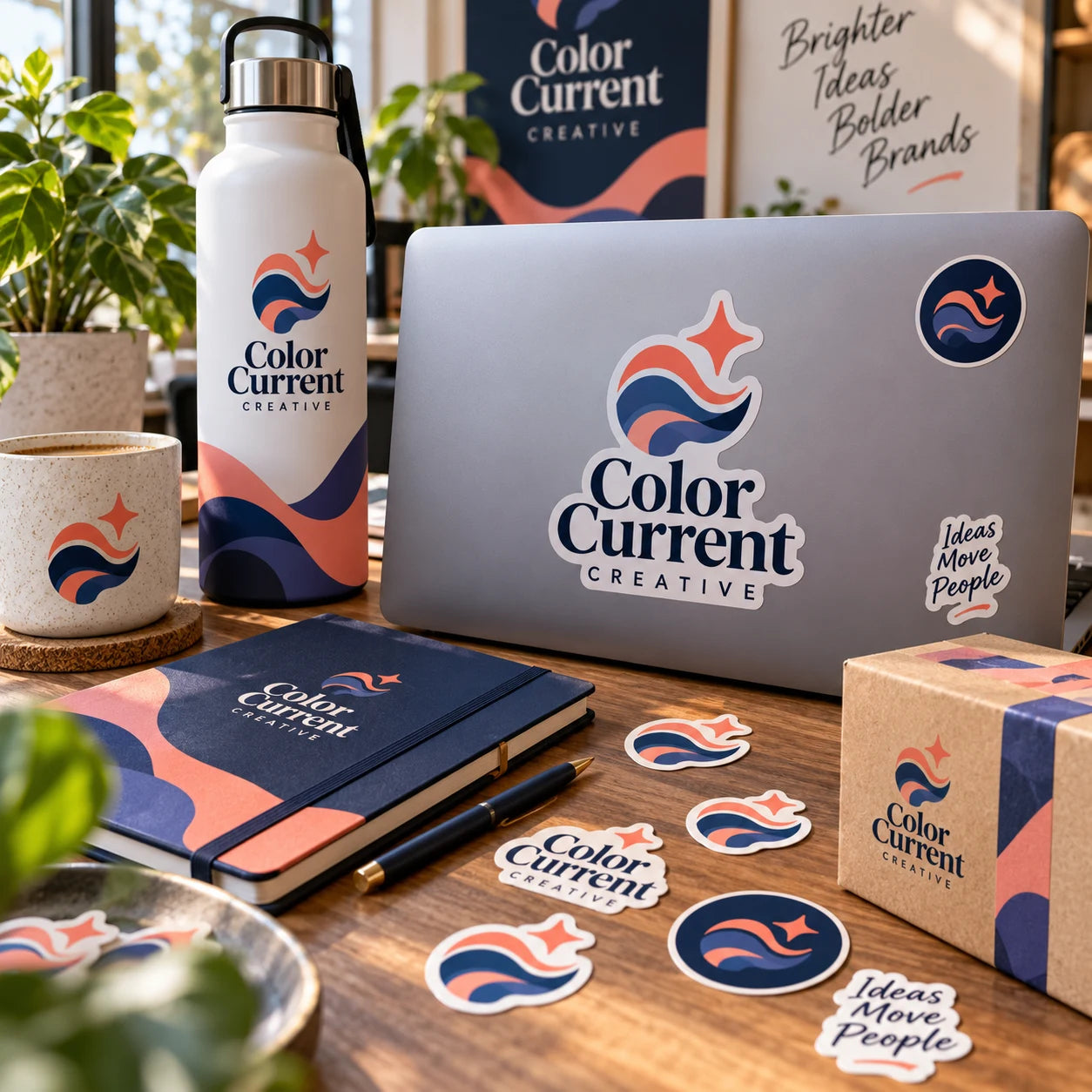 Color Current Creative fictional example storefront with custom lettering and stickers