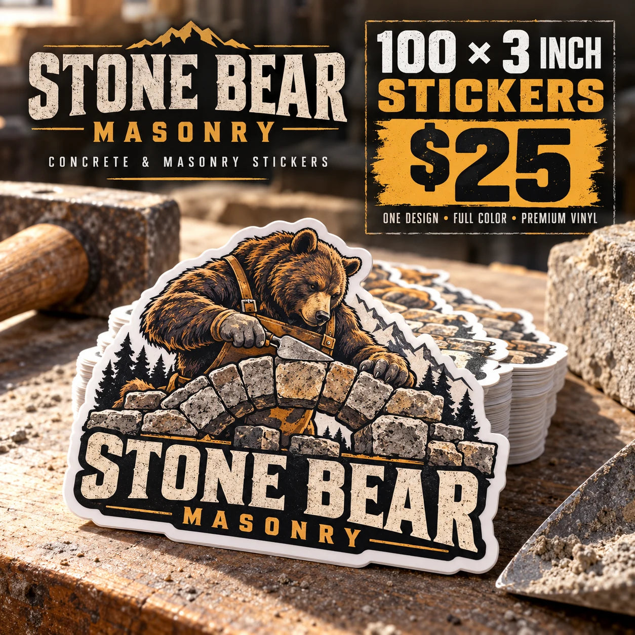 Stone Bear Masonry fictional example: 100 custom 3 inch stickers for $25