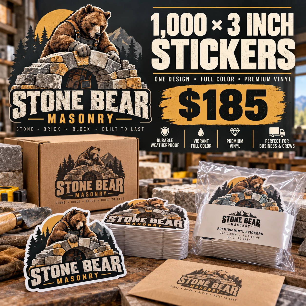Stone Bear Masonry fictional example: 1000 custom 3 inch stickers for $185
