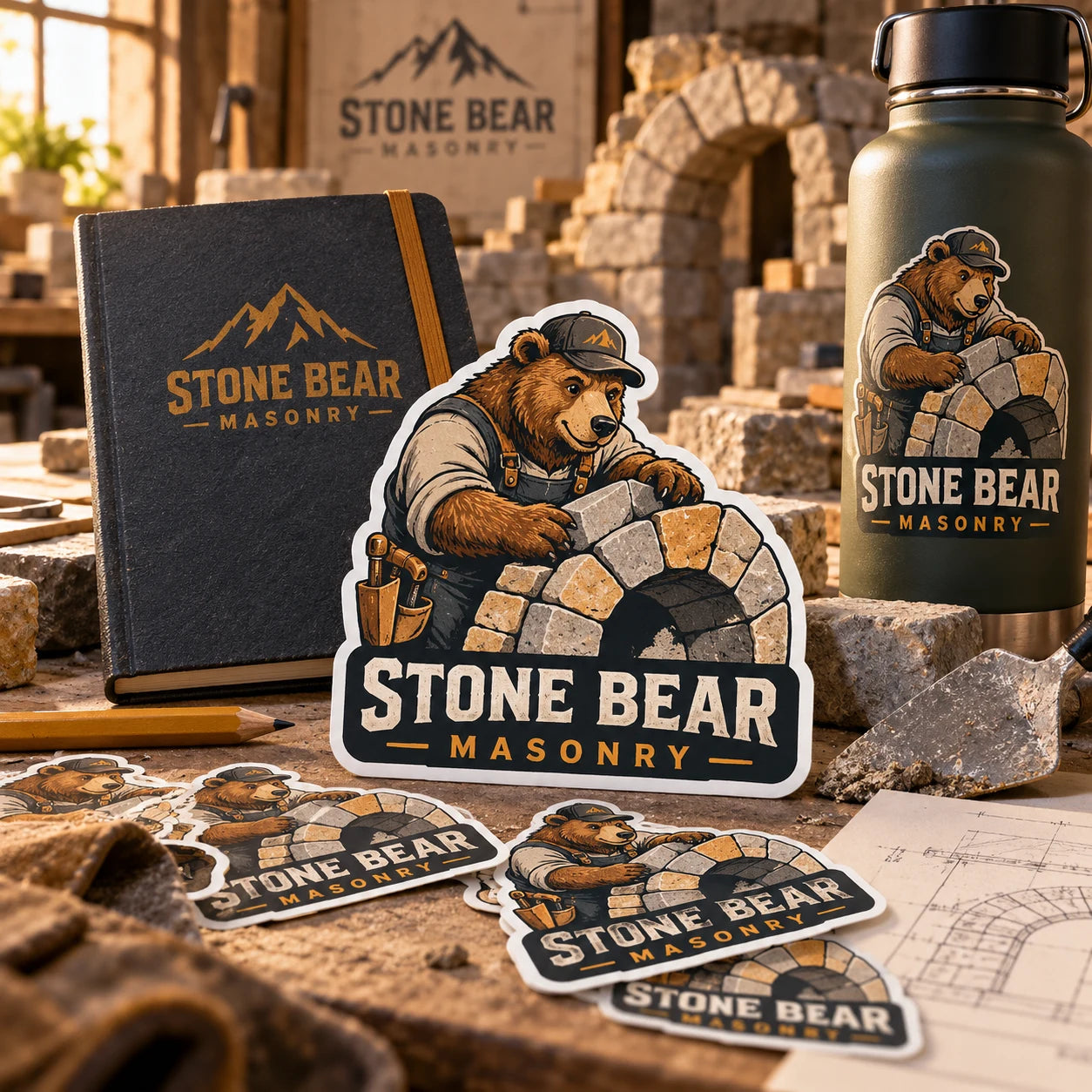 Stone Bear Masonry fictional example storefront with custom lettering and stickers