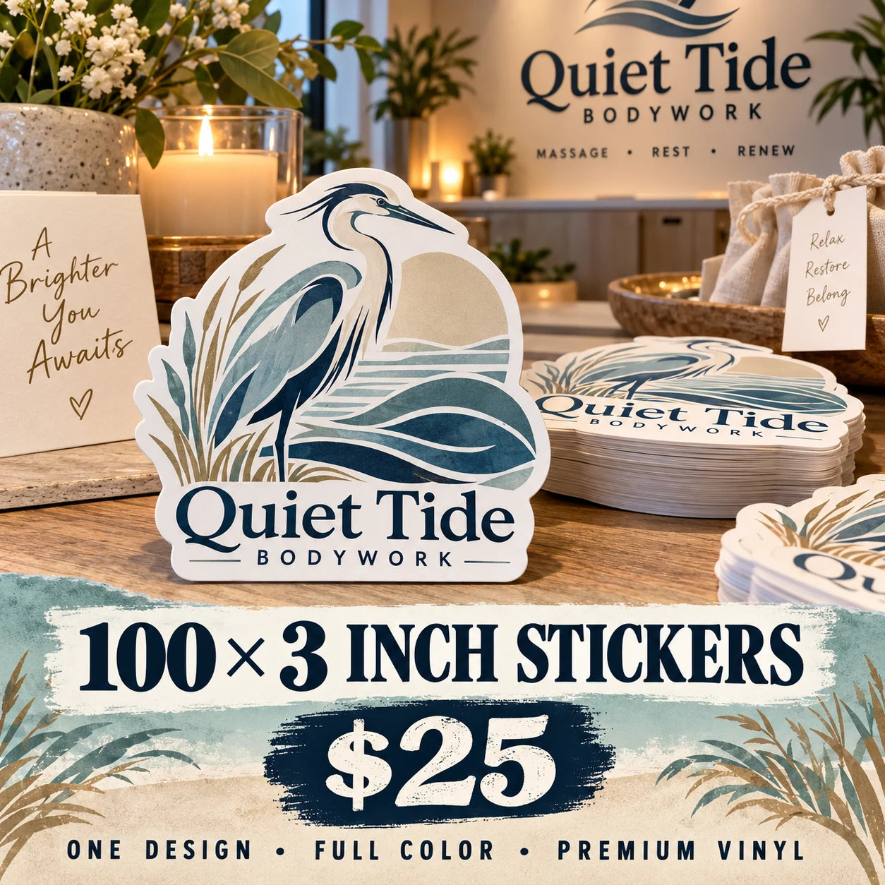Quiet Tide Bodywork fictional example: 100 custom 3 inch stickers for $25