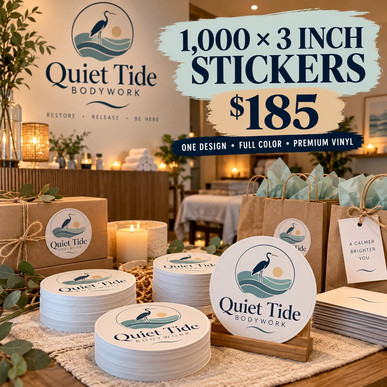 Quiet Tide Bodywork fictional packaging and sticker ideas