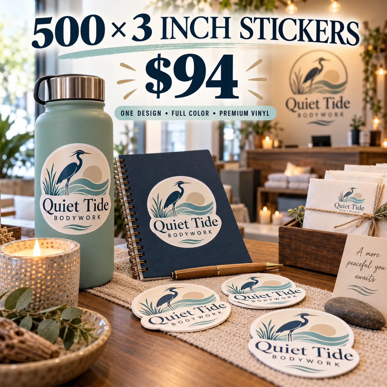 Quiet Tide Bodywork fictional example: 500 custom 3 inch stickers for $94