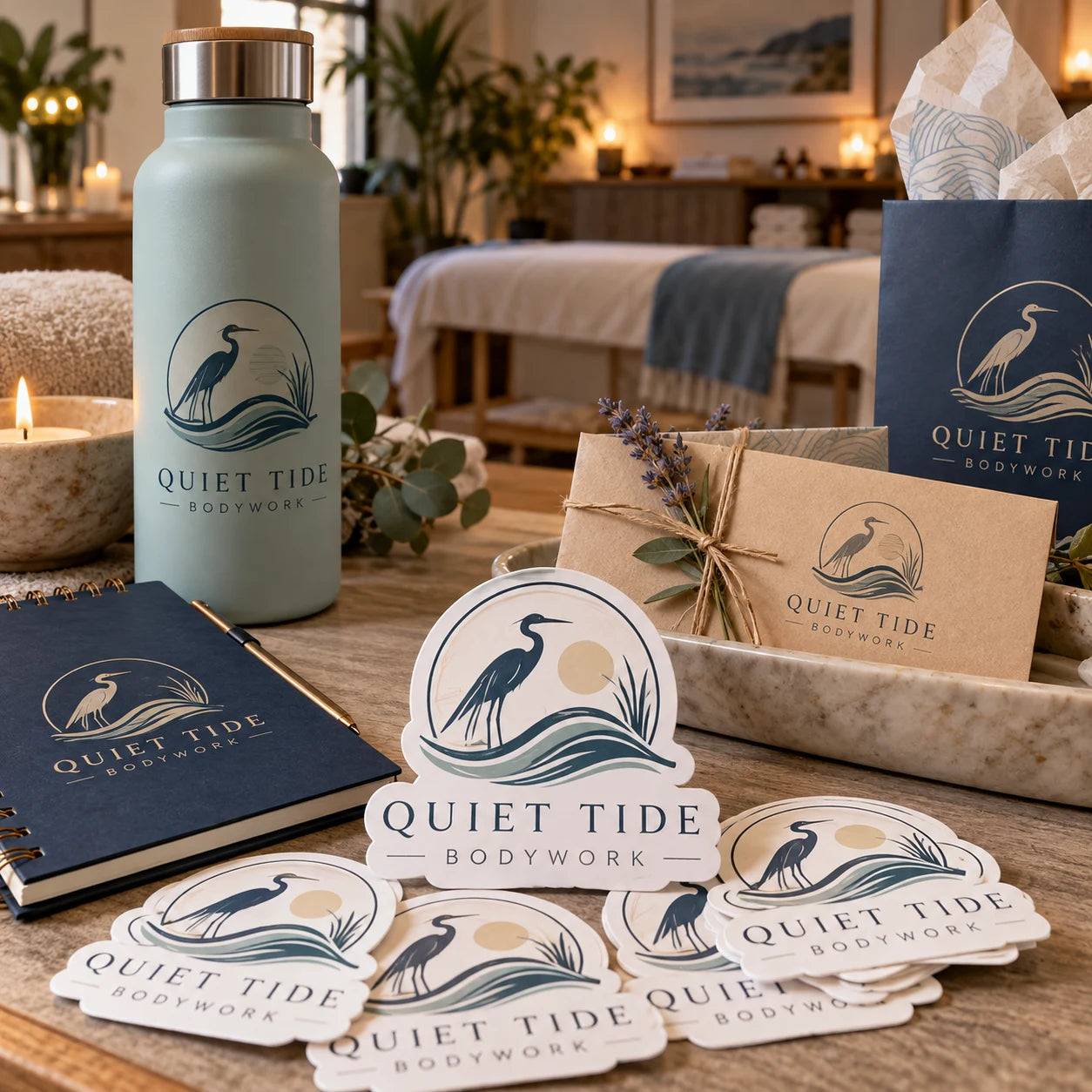 Quiet Tide Bodywork fictional example storefront with custom lettering and stickers