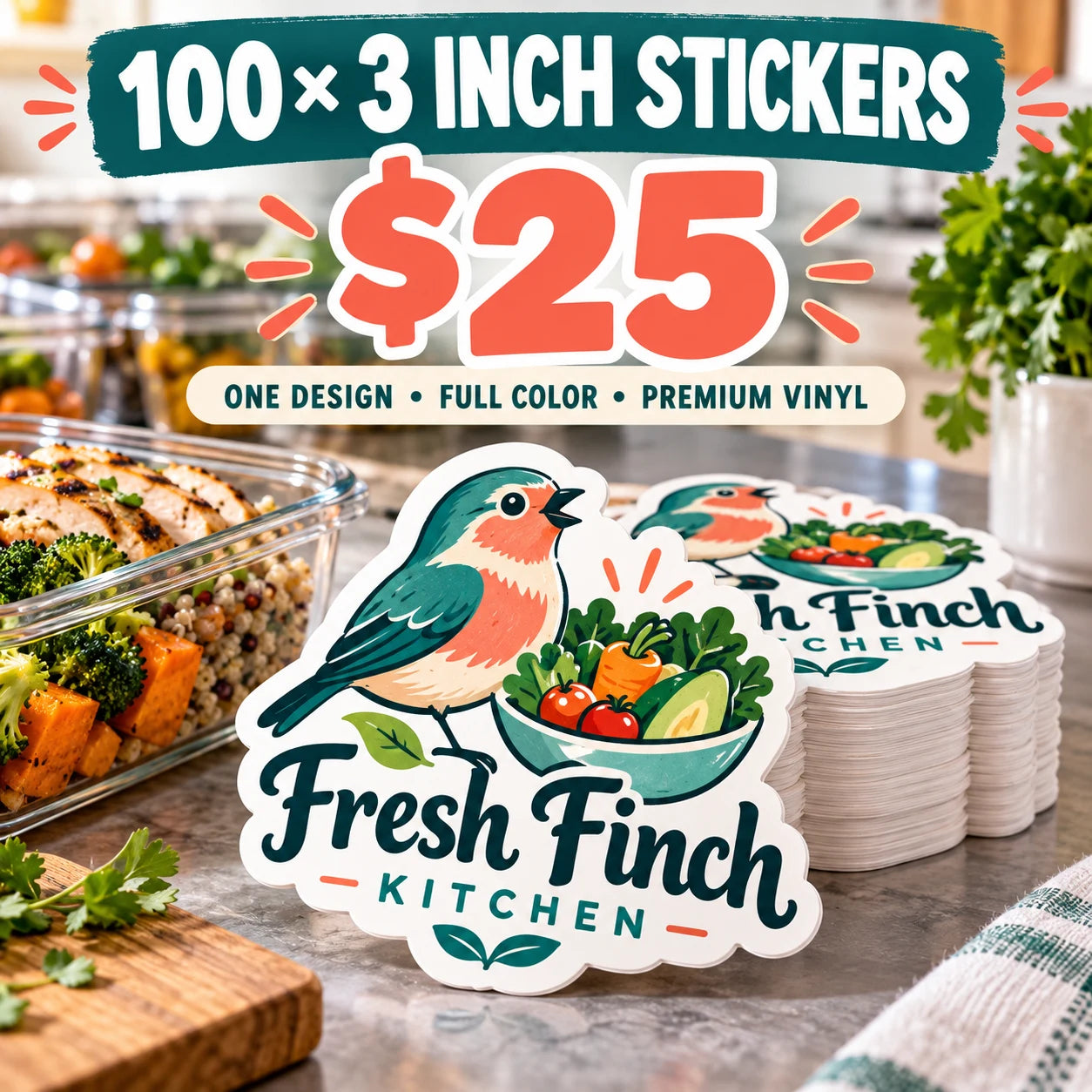 Fresh Finch Kitchen fictional example: 100 custom 3 inch stickers for $25