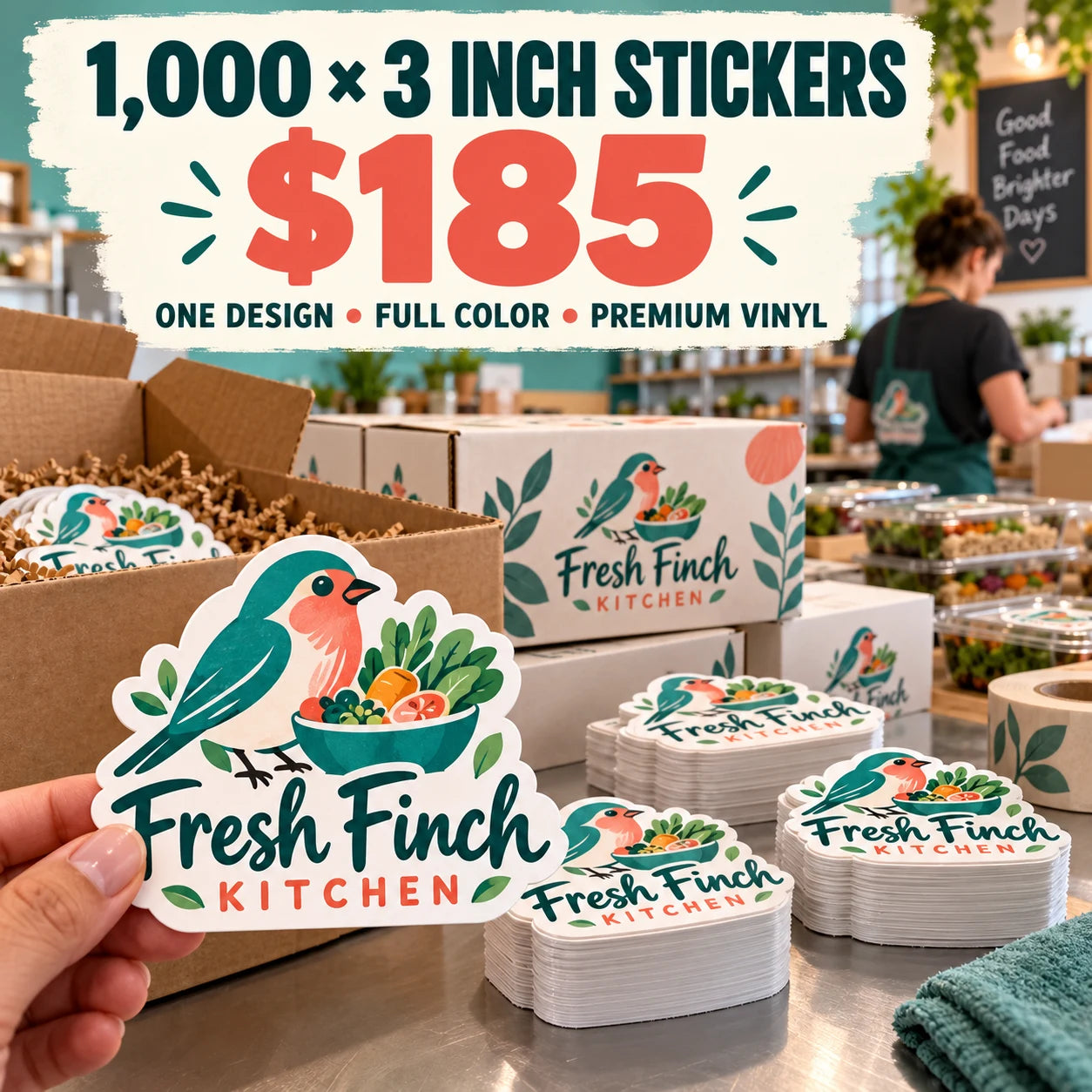 Fresh Finch Kitchen fictional example: 1000 custom 3 inch stickers for $185