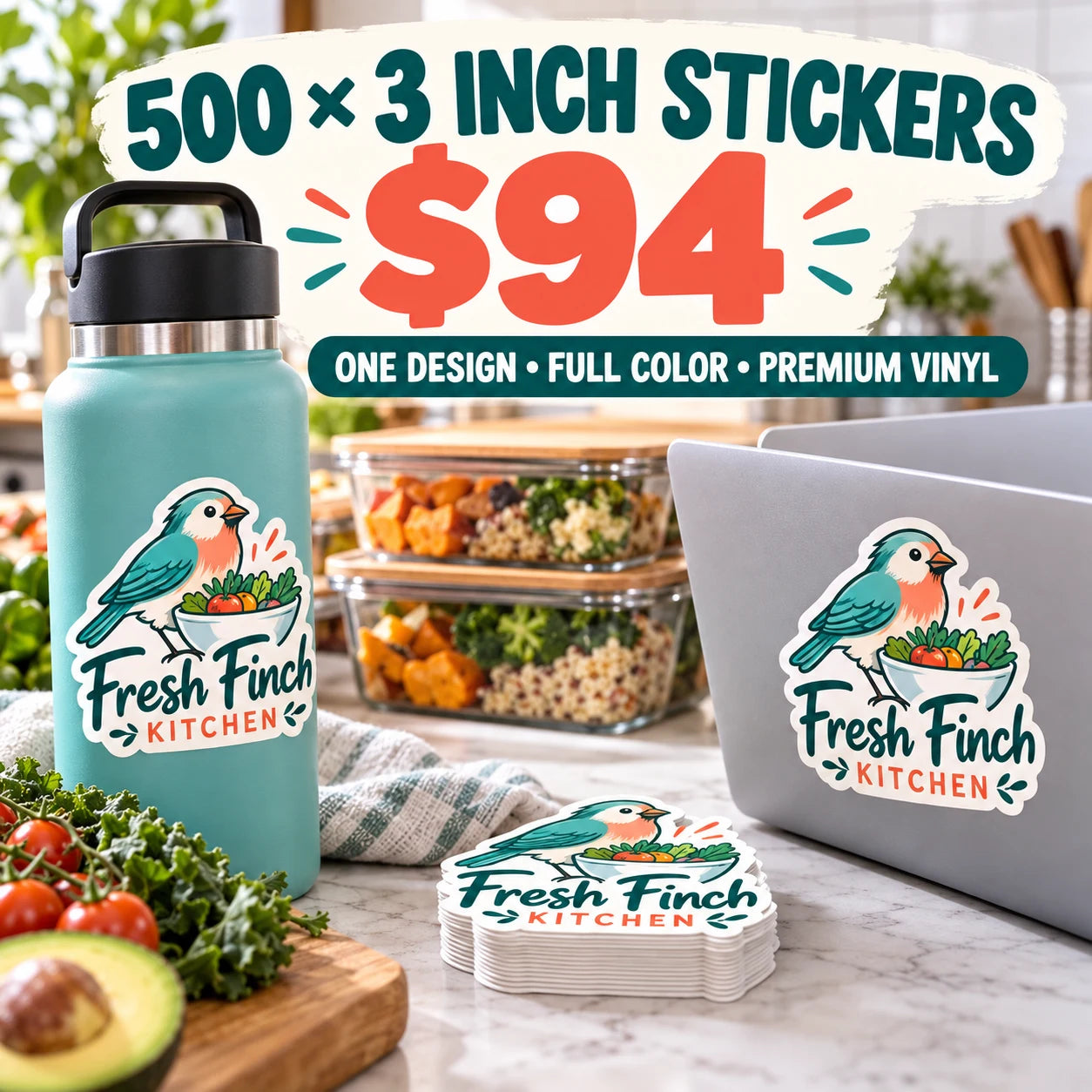 Fresh Finch Kitchen fictional example: 500 custom 3 inch stickers for $94