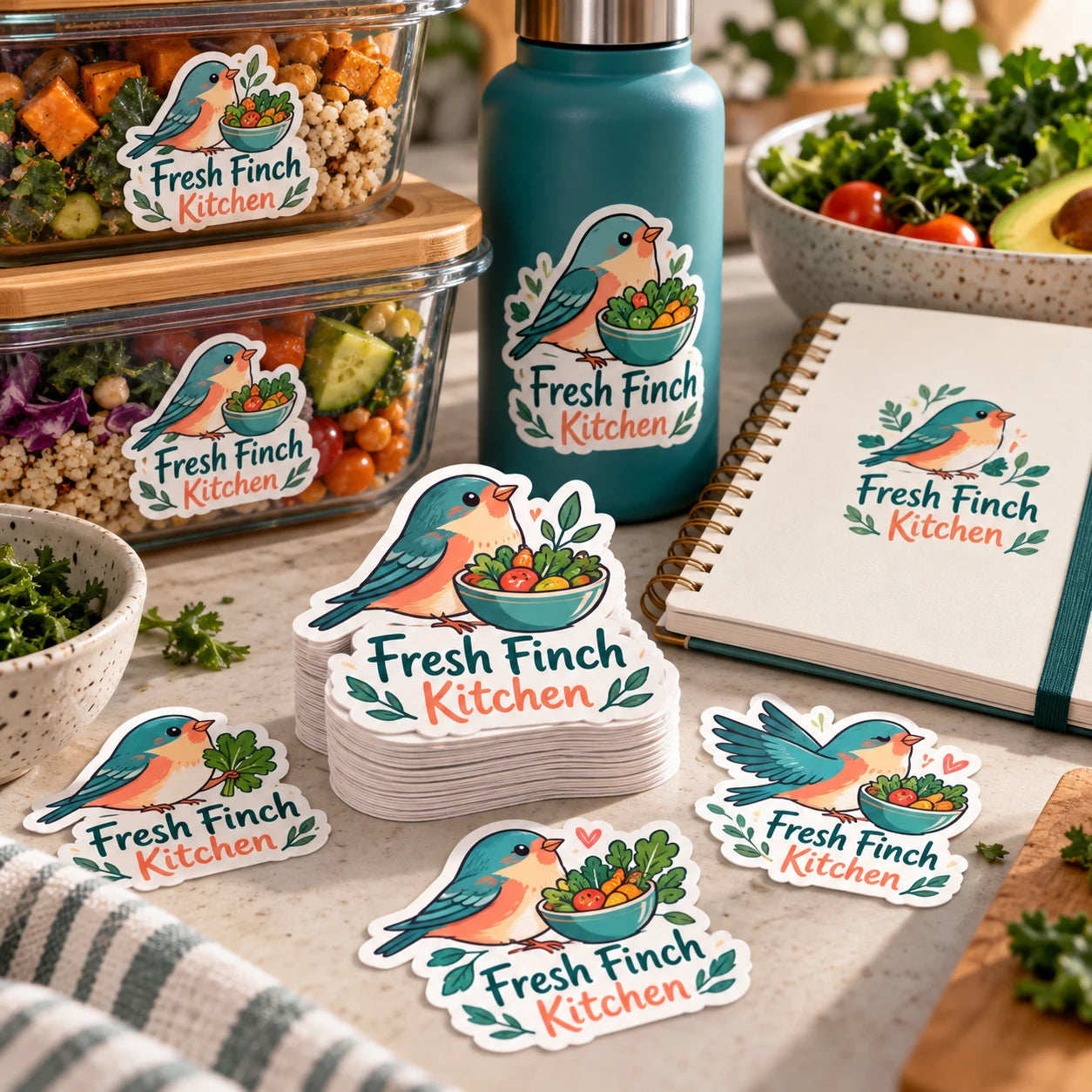 Fresh Finch Kitchen fictional example storefront with custom lettering and stickers