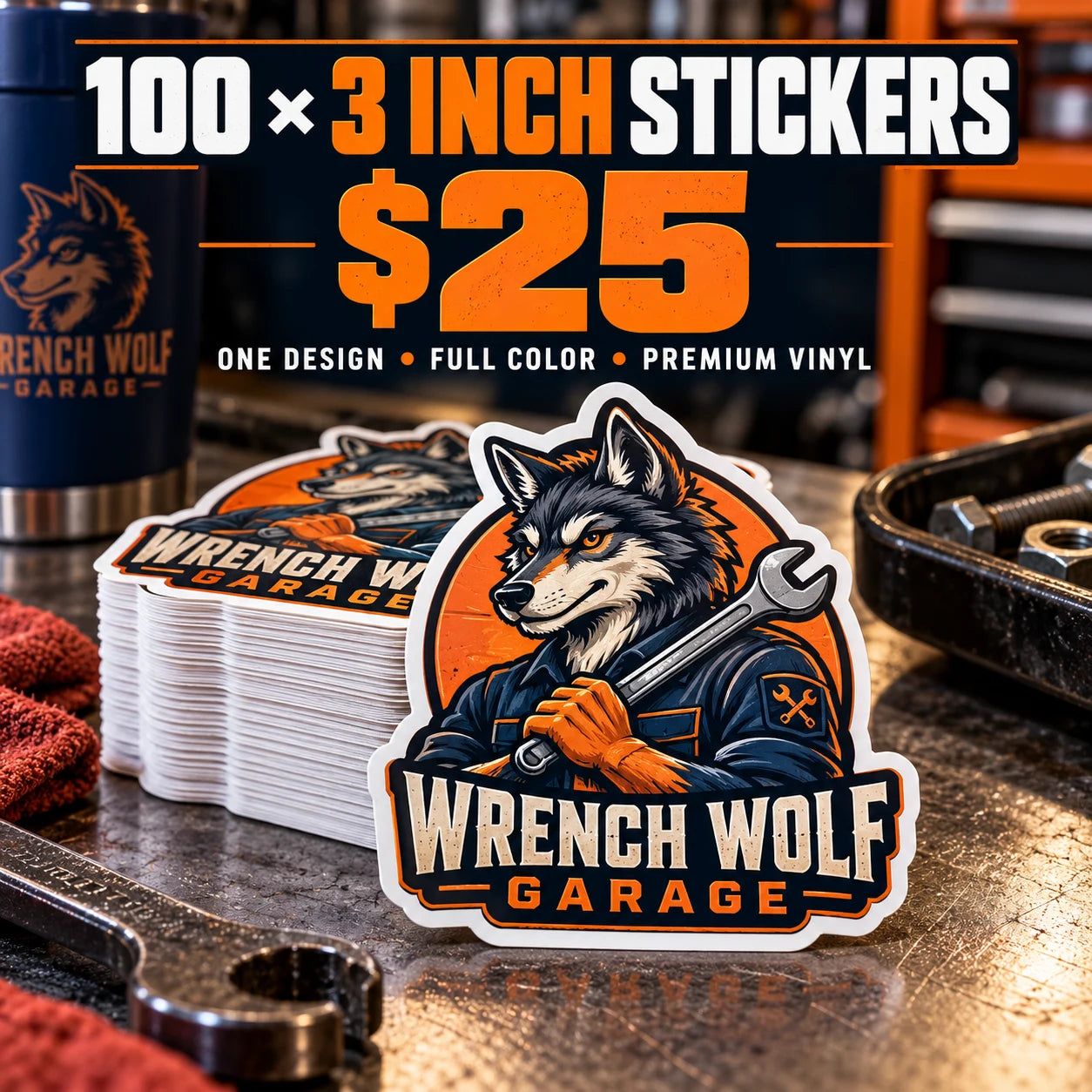 Wrench Wolf Garage fictional example: 100 custom 3 inch stickers for $25