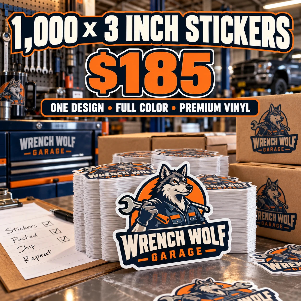 Wrench Wolf Garage fictional example: 1000 custom 3 inch stickers for $185