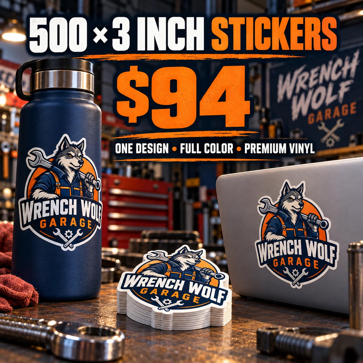 Wrench Wolf Garage fictional example: 500 custom 3 inch stickers for $94