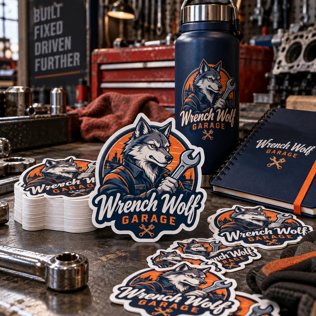 Wrench Wolf Garage fictional example storefront with custom lettering and stickers