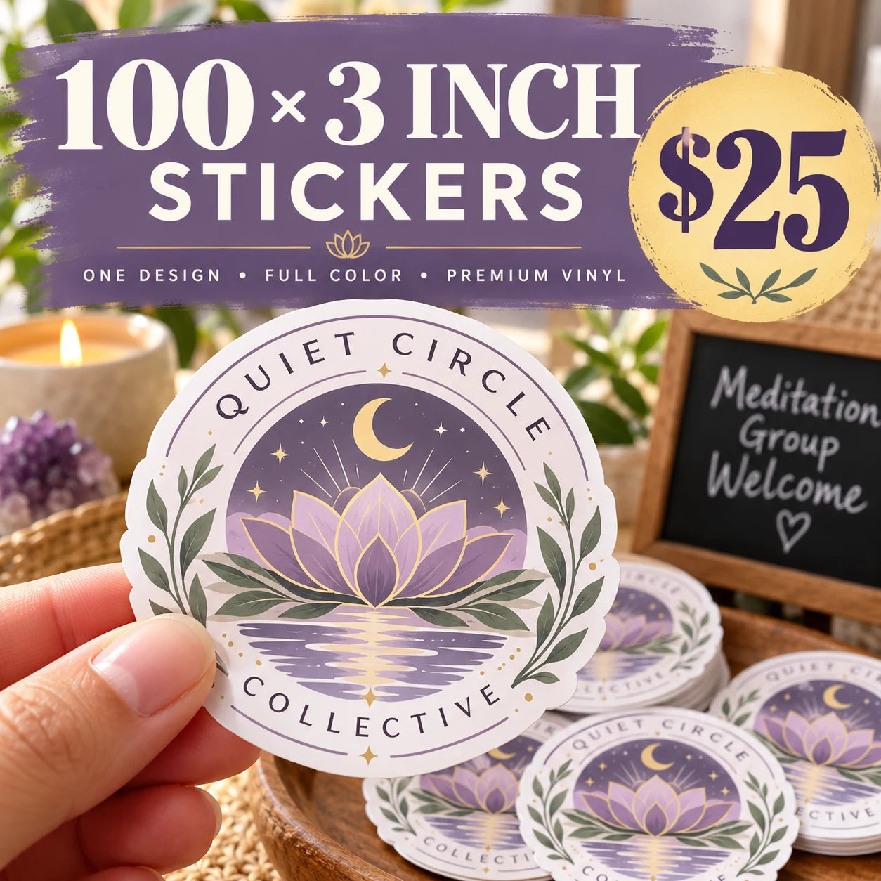 Quiet Circle Collective fictional example: 100 custom 3 inch stickers for $25