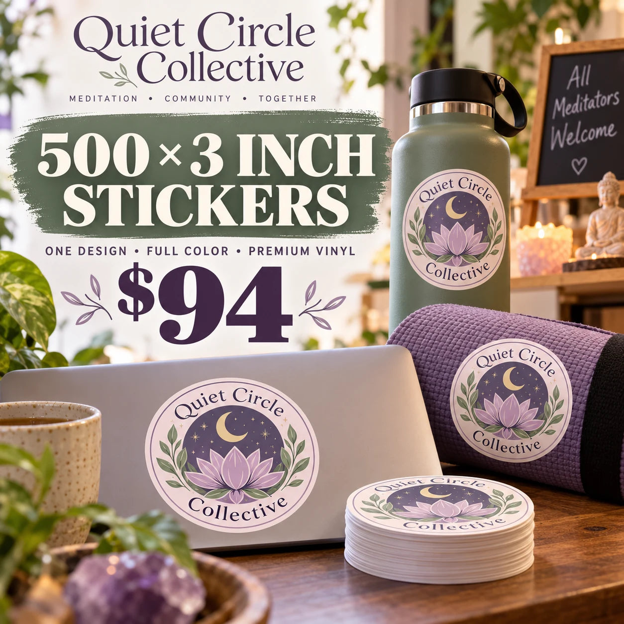 Quiet Circle Collective fictional example: 500 custom 3 inch stickers for $94