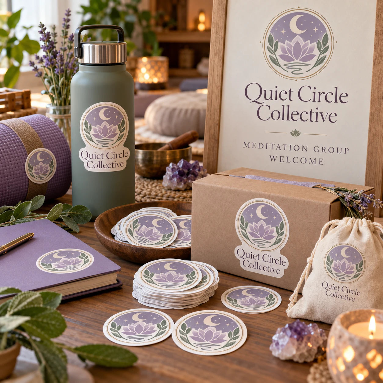 Quiet Circle Collective fictional example storefront with custom lettering and stickers