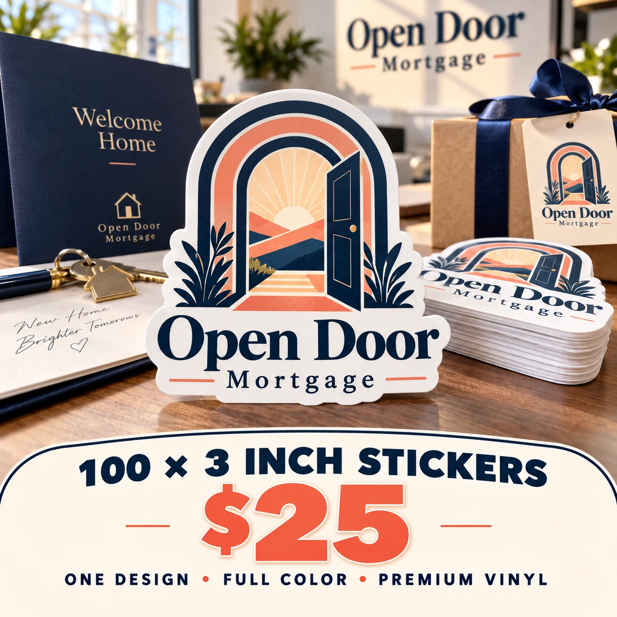 Open Door Mortgage fictional example: 100 custom 3 inch stickers for $25