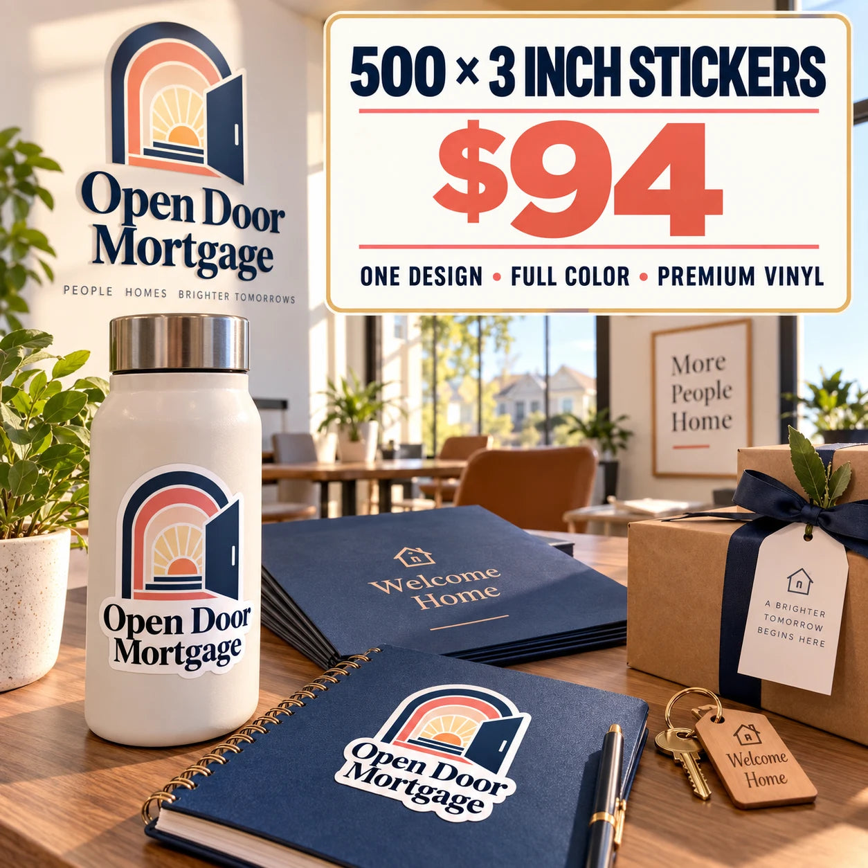 Open Door Mortgage fictional example: 500 custom 3 inch stickers for $94