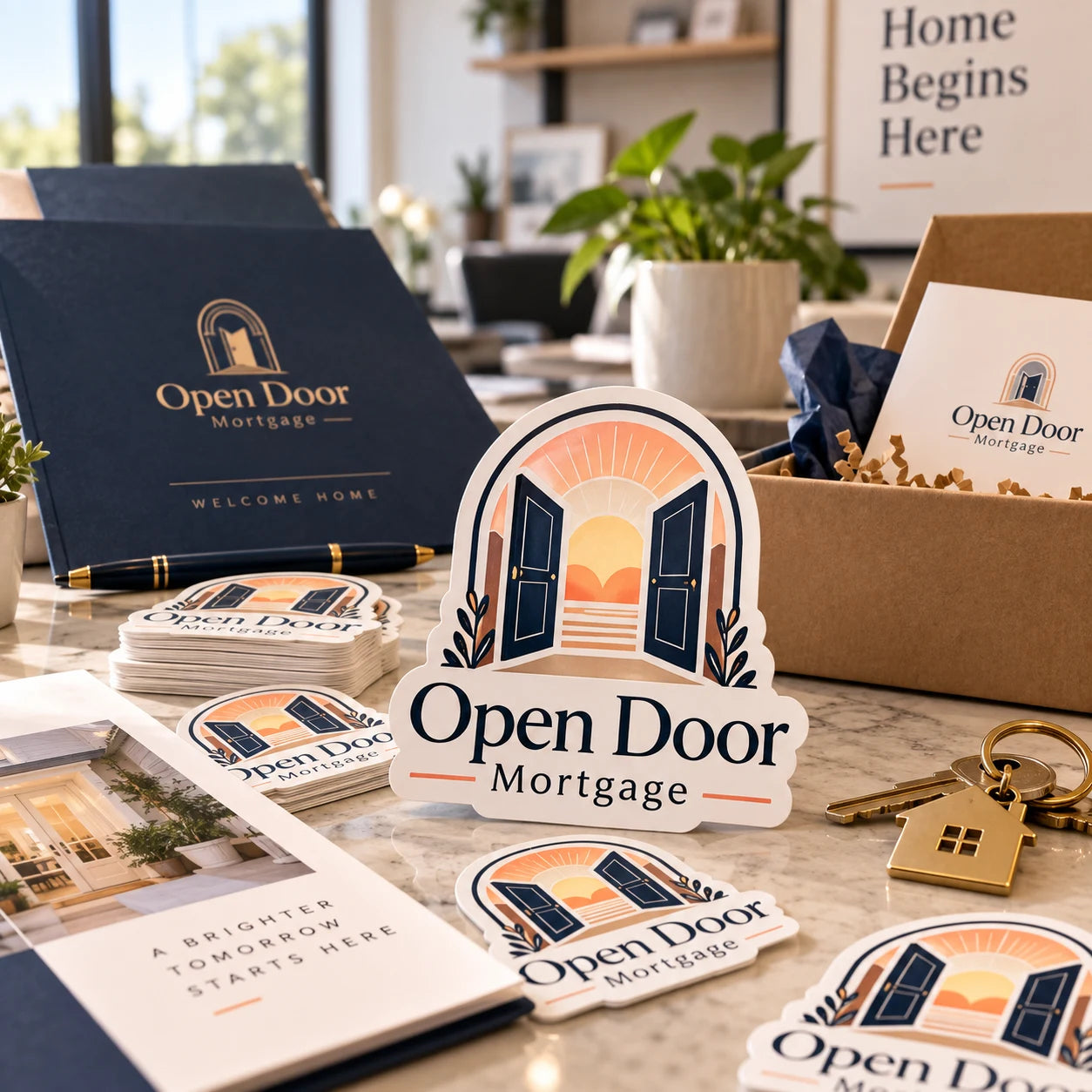 Open Door Mortgage fictional example storefront with custom lettering and stickers