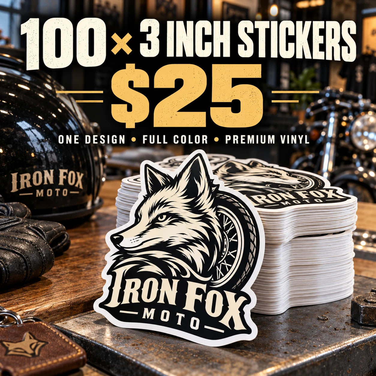 Iron Fox Moto fictional example: 100 custom 3 inch stickers for $25