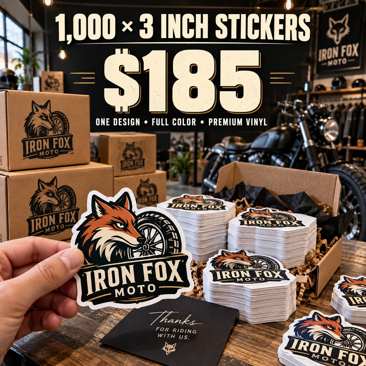Iron Fox Moto fictional example: 1000 custom 3 inch stickers for $185