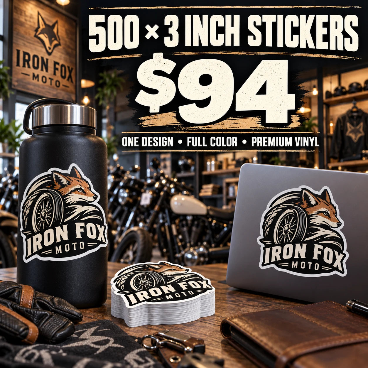 Iron Fox Moto fictional example: 500 custom 3 inch stickers for $94