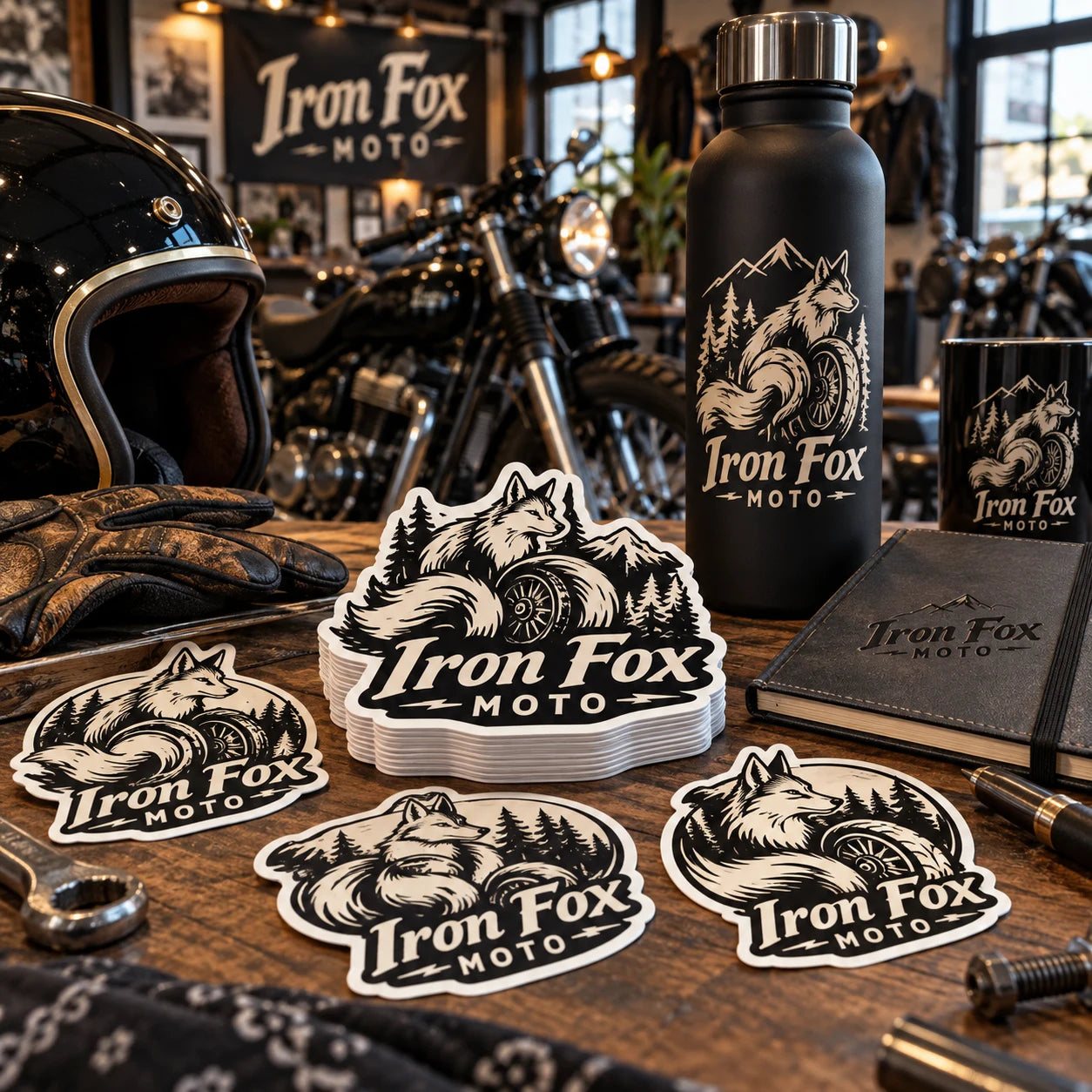 Iron Fox Moto fictional example storefront with custom lettering and stickers