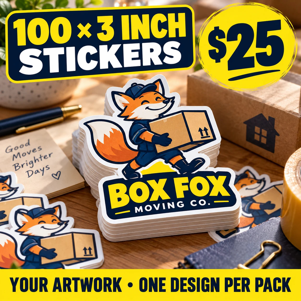 Box Fox Moving Co. fictional example: 100 custom 3 inch stickers for $25