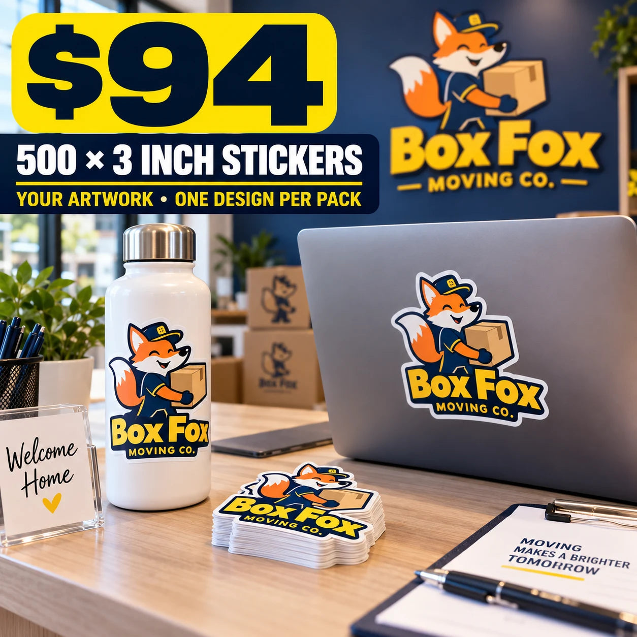 Box Fox Moving Co. fictional example: 500 custom 3 inch stickers for $94