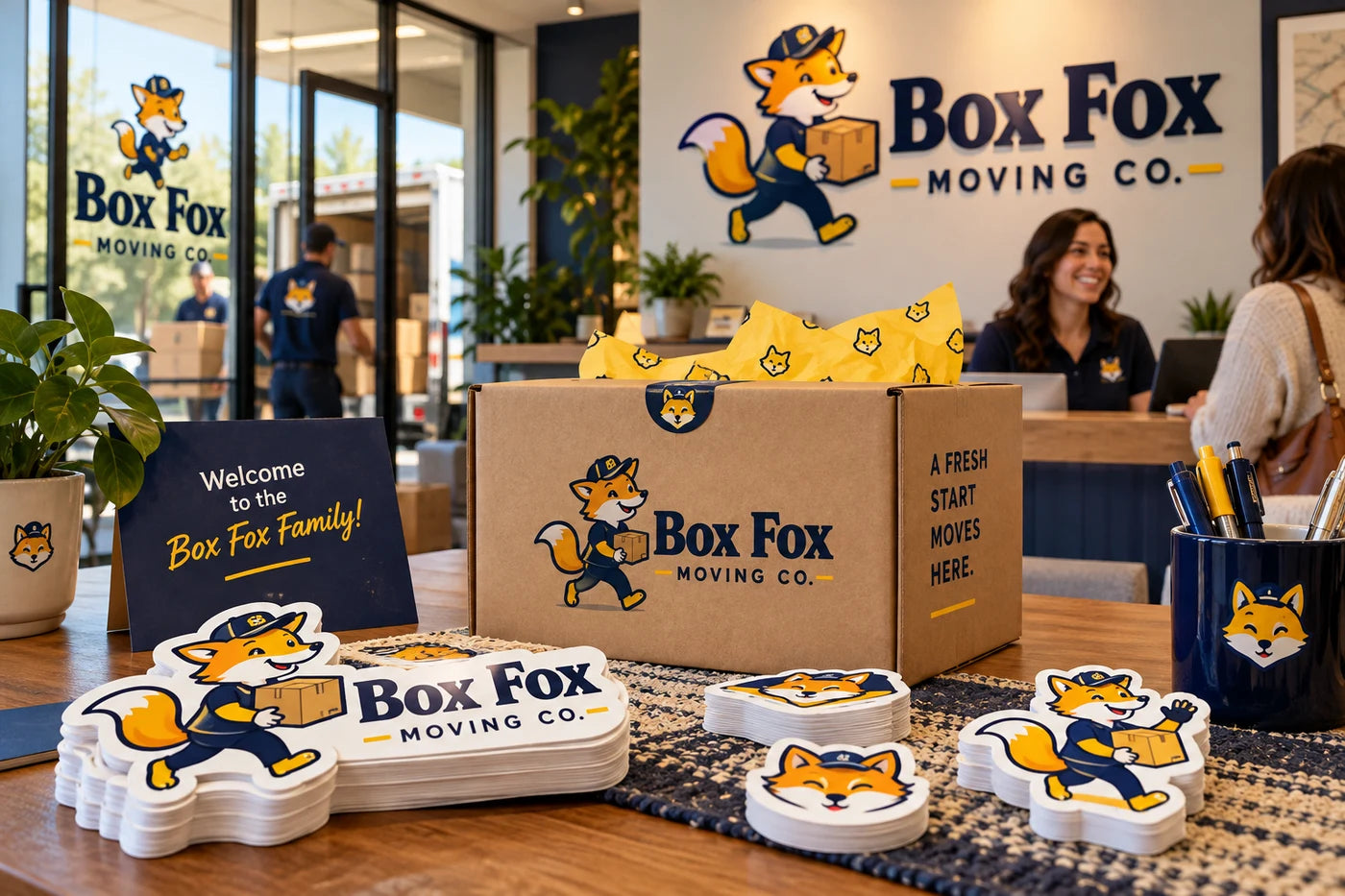 Box Fox Moving Co. fictional example storefront with custom lettering and stickers